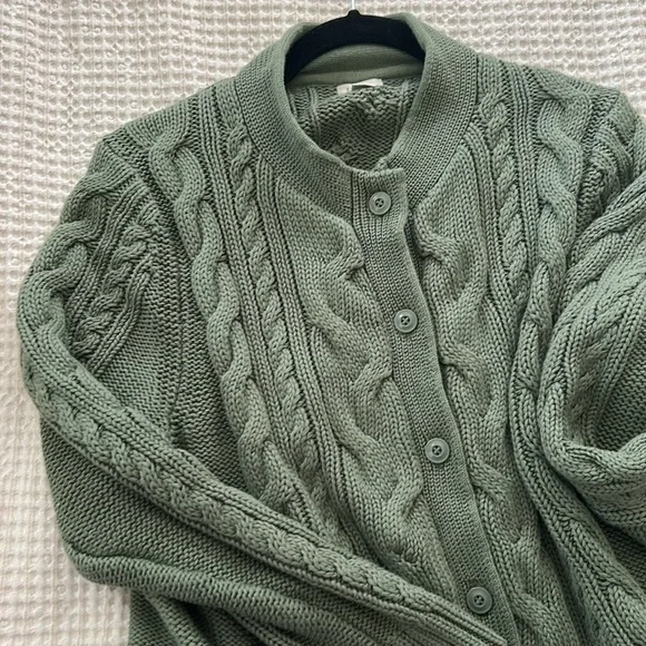 L.L. Bean Double L® Cable Sweater, Button-Front Cardigan - Bay Leaf Green - Picture 7 of 7